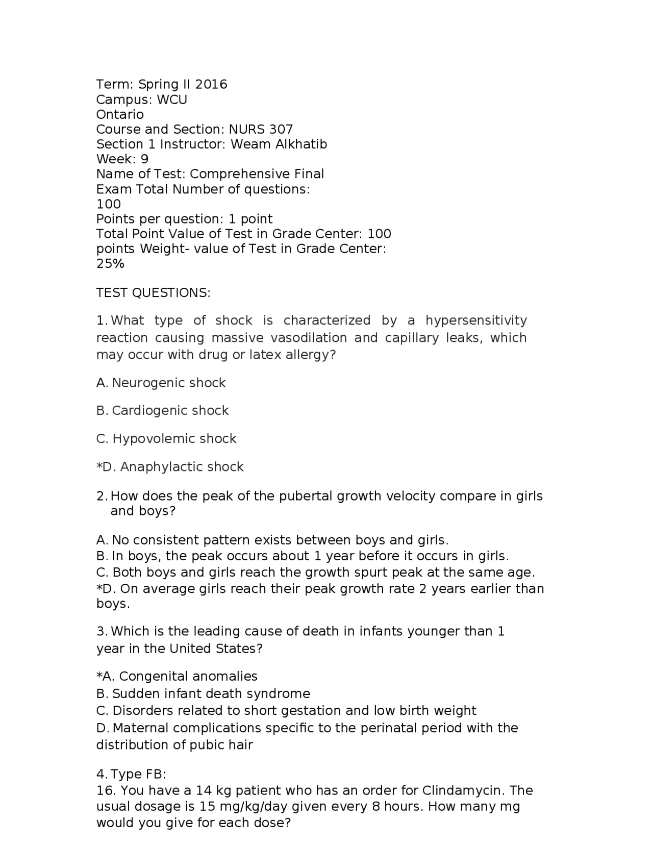 NURS 307 Section 1 Comprehensive Final Exam | Exams Nursing | Docsity
