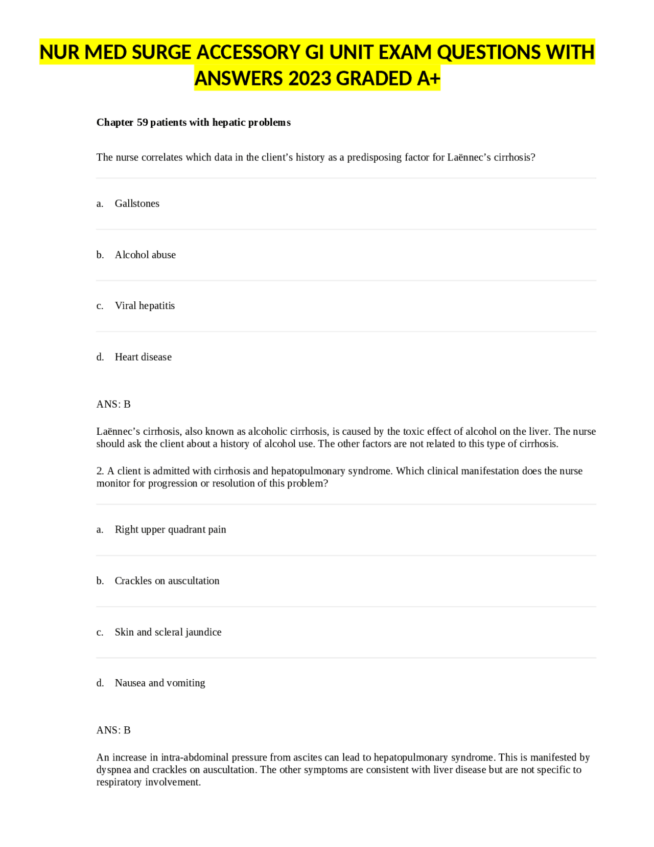 NUR MED SURGE ACCESSORY GI UNIT EXAM QUESTIONS WITH ANSWERS 2023 GRADED ...