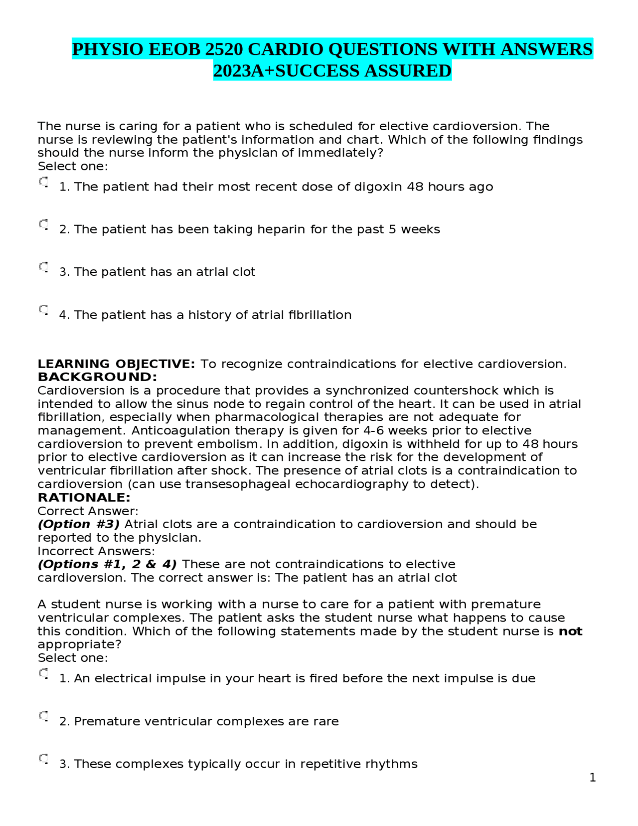 Eeob Database Physio EEOB 2520 Cardio Questions with Answers | Exams Nursing | Docsity