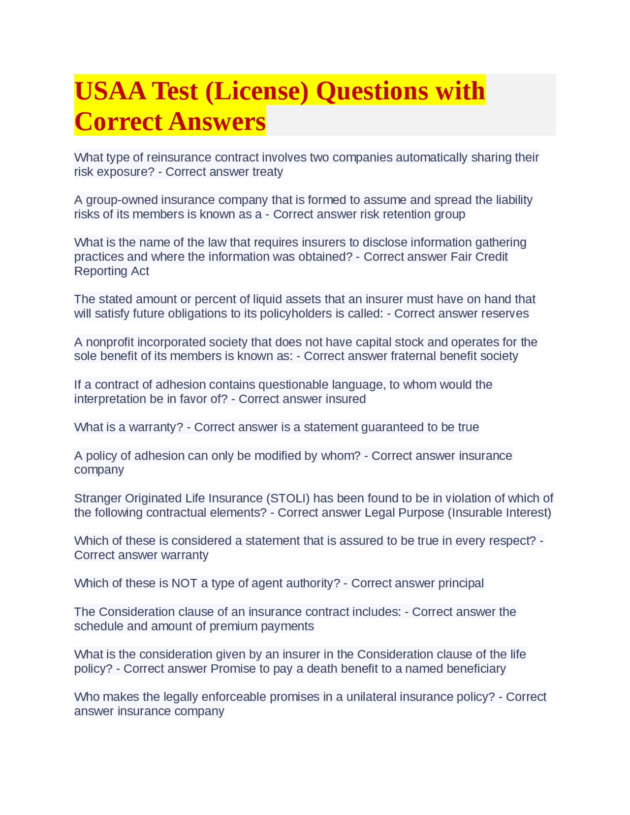 USAA Test (License) Questions with Correct Answers | Exams 
