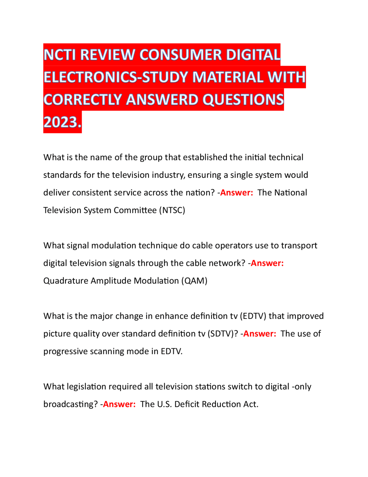 NCTI REVIEW CONSUMER DIGITAL ELECTRONICSSTUDY MATERIAL WITH CORRECTLY
