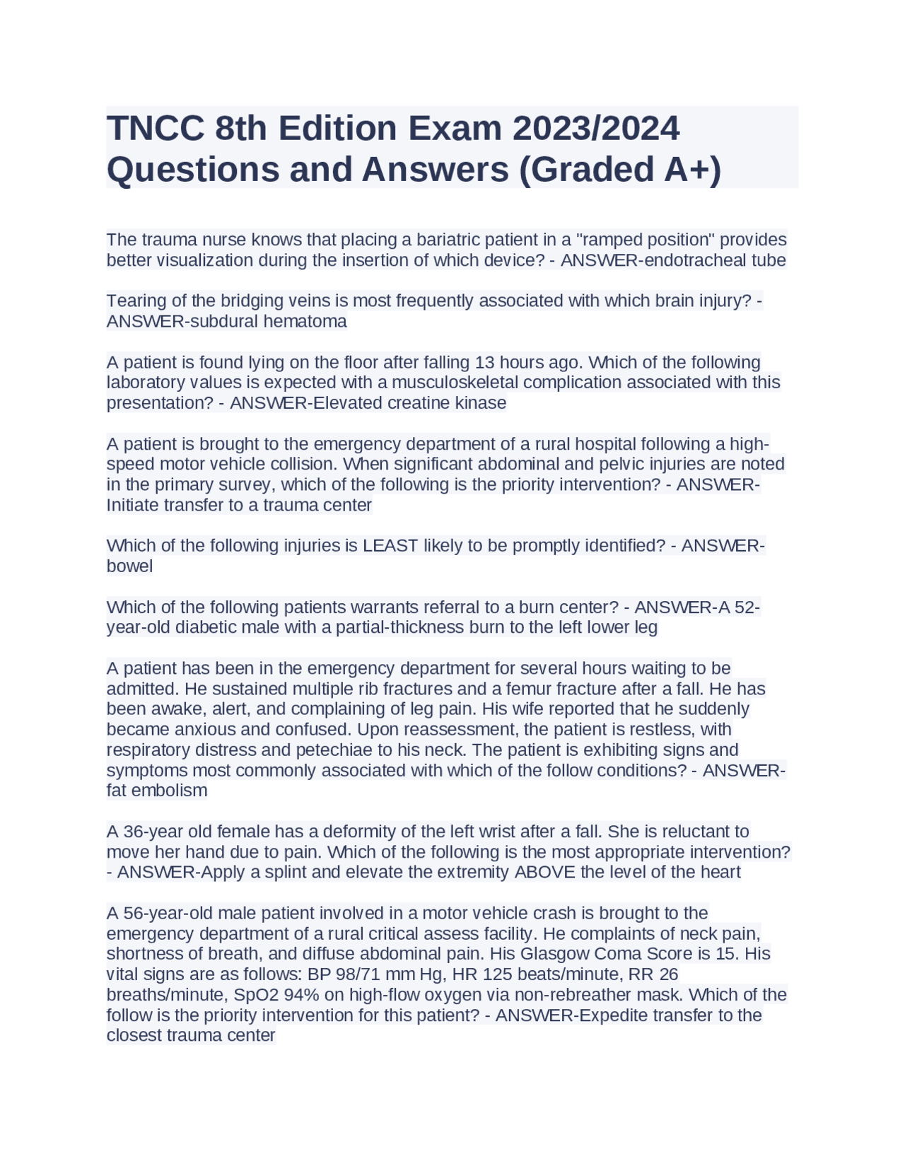 TNCC 8th Edition Exam 2023/2024 Questions and Answers (Graded A+