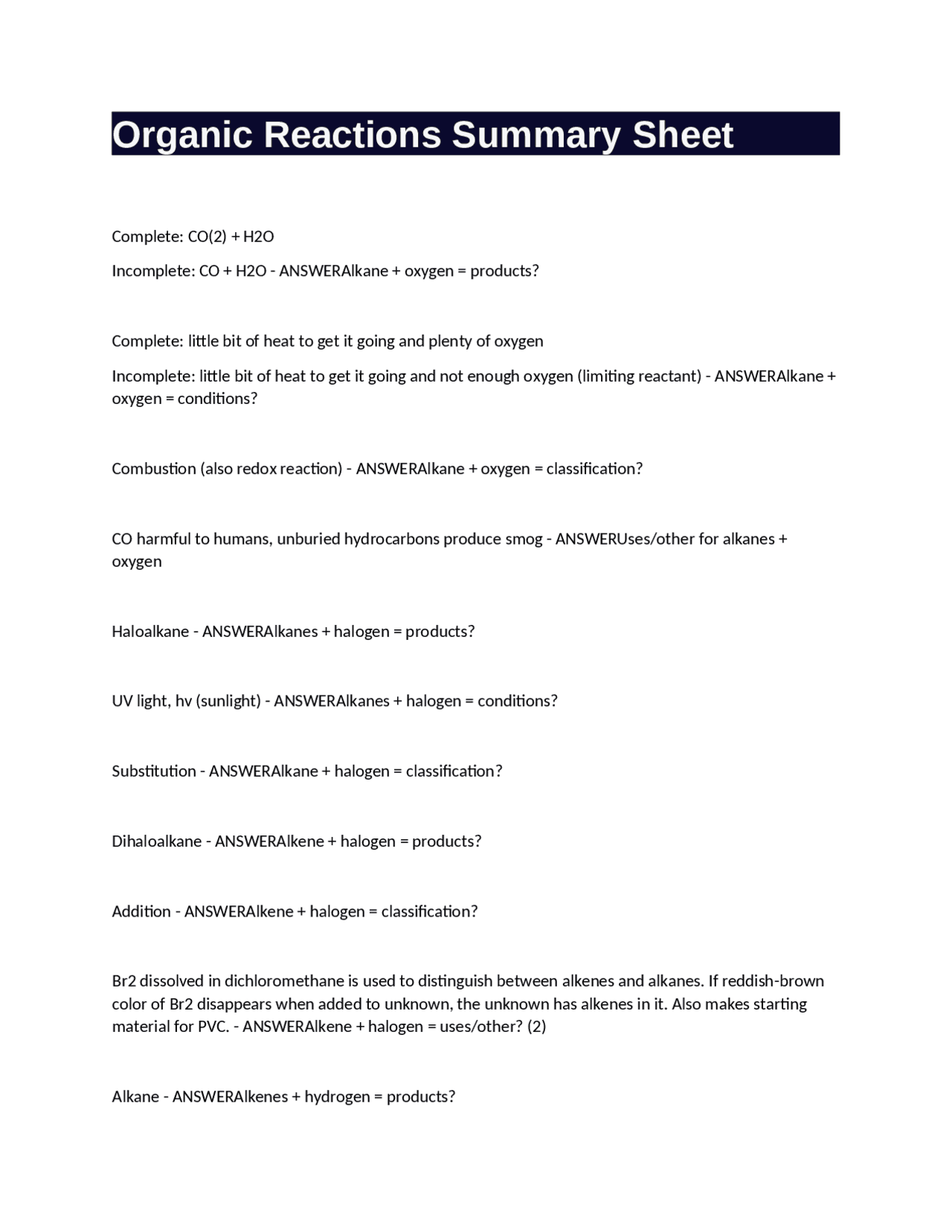 Organic Summary Example Organic Reactions Summary Sheet | Exams Organic Chemistry | Docsity