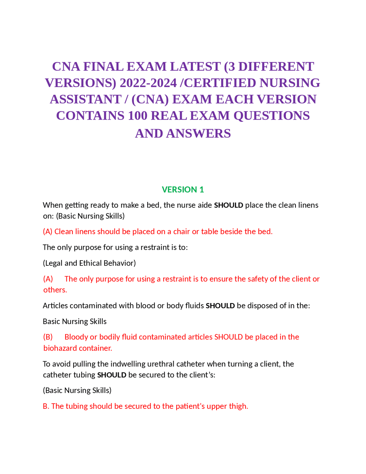 Cna Final Exam Latest 3 Different Versions 2022 2024 Certified Nursing Assistant Exams Cna Final Exam Latest 3 Different Versions 2022 2024 Certified Nursing Assistant Exams