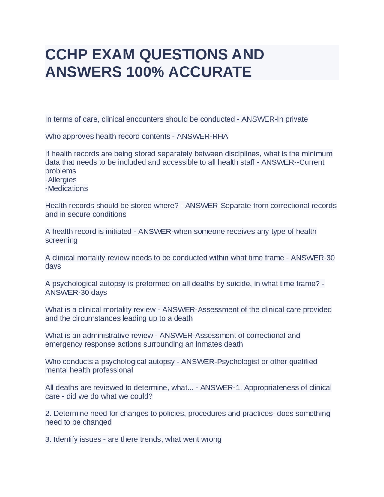 CCHP EXAM QUESTIONS AND ANSWERS 100% ACCURATE Exams Nursing Docsity CCHP EXAM QUESTIONS AND ANSWERS 100% ACCURATE Exams Nursing Docsity