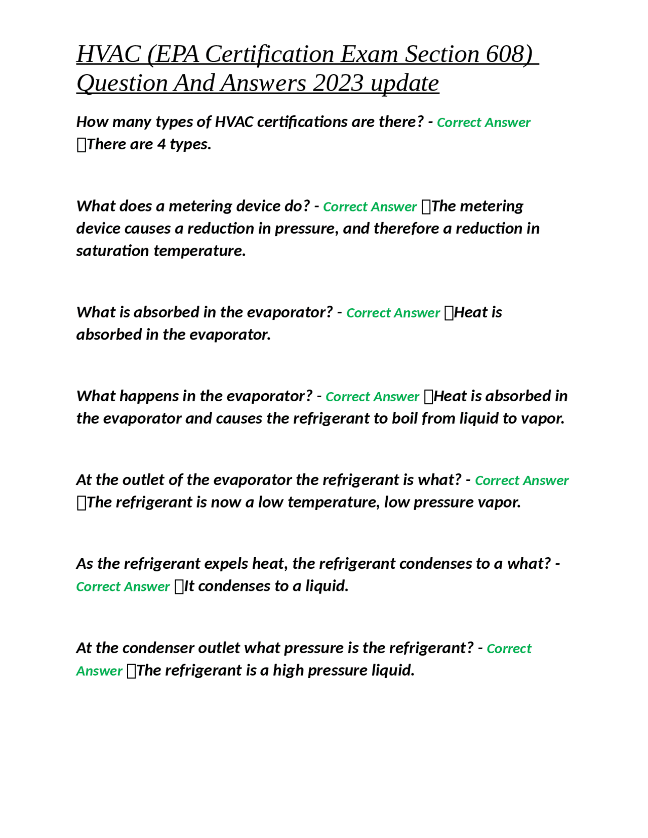 HVAC (EPA Certification Exam Section 608) Question And Answers 2023