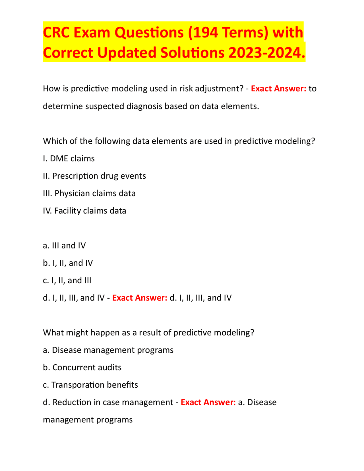 CRC Exam Questions 194 Terms With Correct Updated Solutions 2023 2024 crc-exam-questions-194-terms-with-correct-updated-solutions-2023-2024