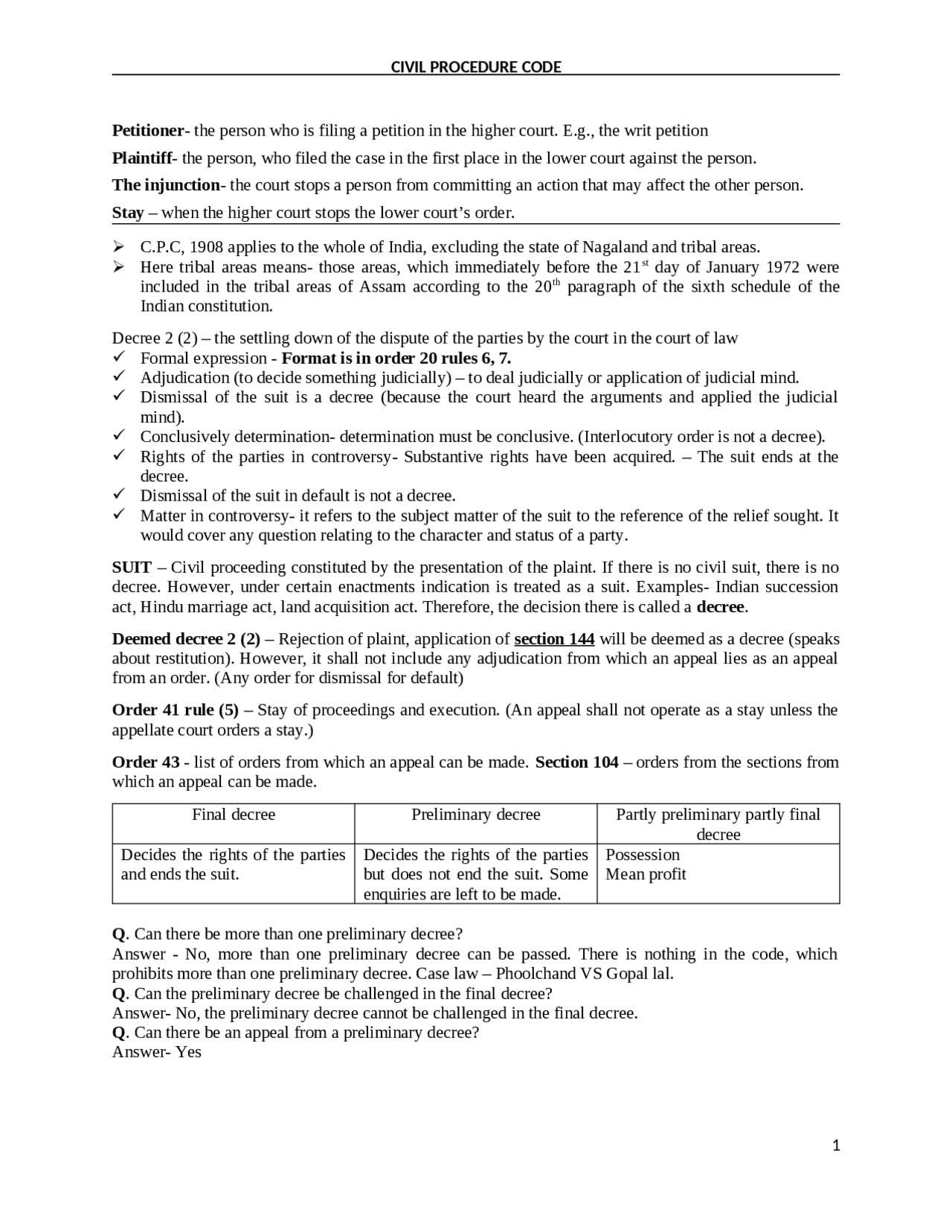 Civil Code Study Notes Civil procedure code | Study notes Law | Docsity