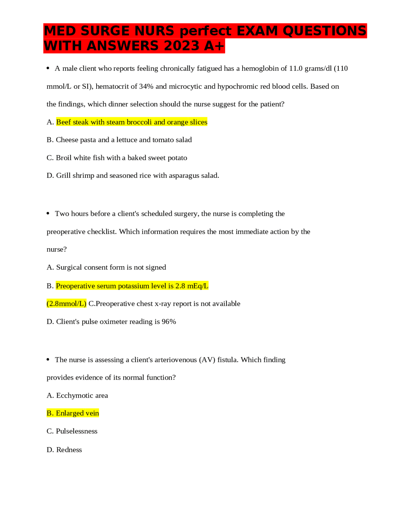 MED SURGE NURS perfect EXAM QUESTIONS WITH ANSWERS 2023 A+ | Exams ...