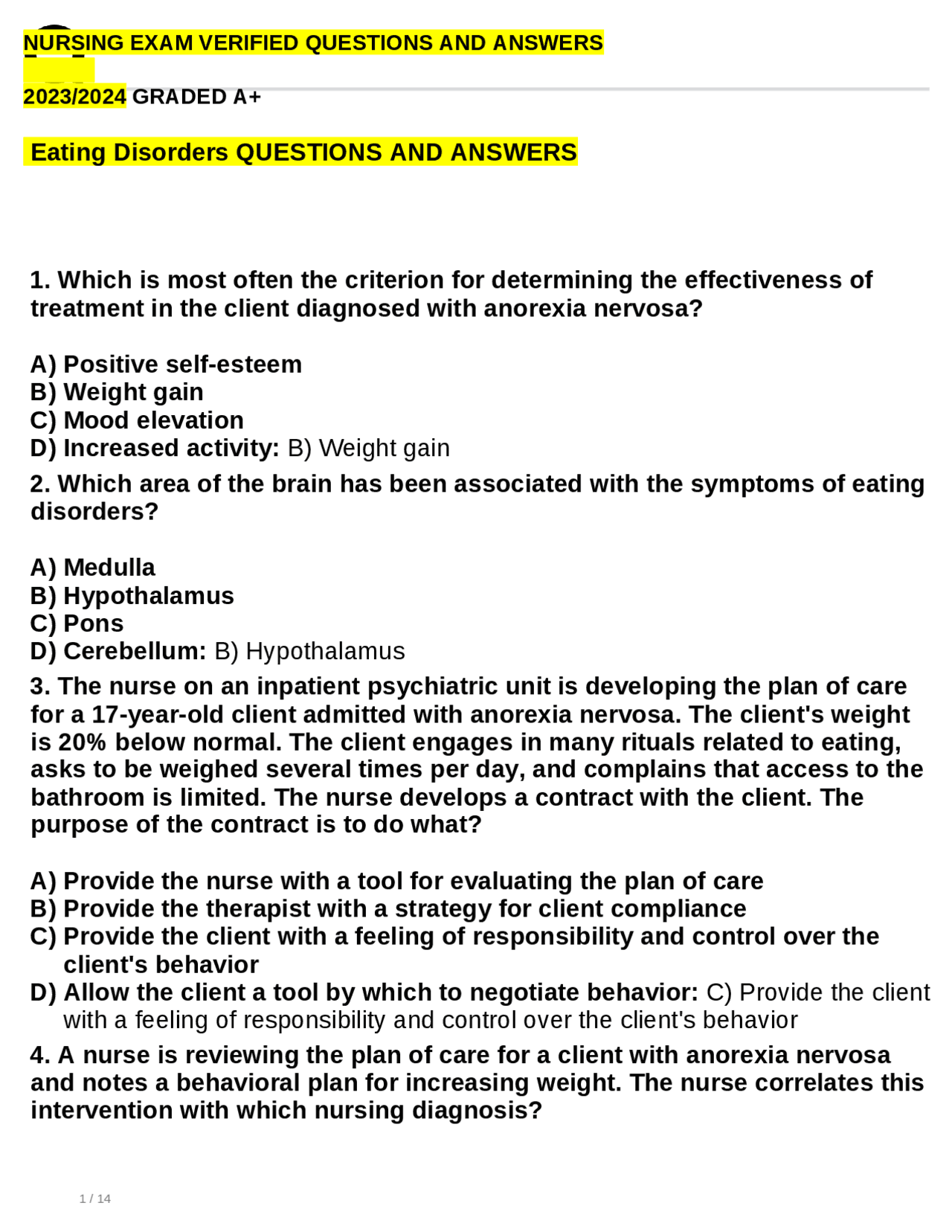 NURSING EXAM VERIFIED QUESTIONS AND ANSWERS 2023/2024 GRADED A+ Eating ...