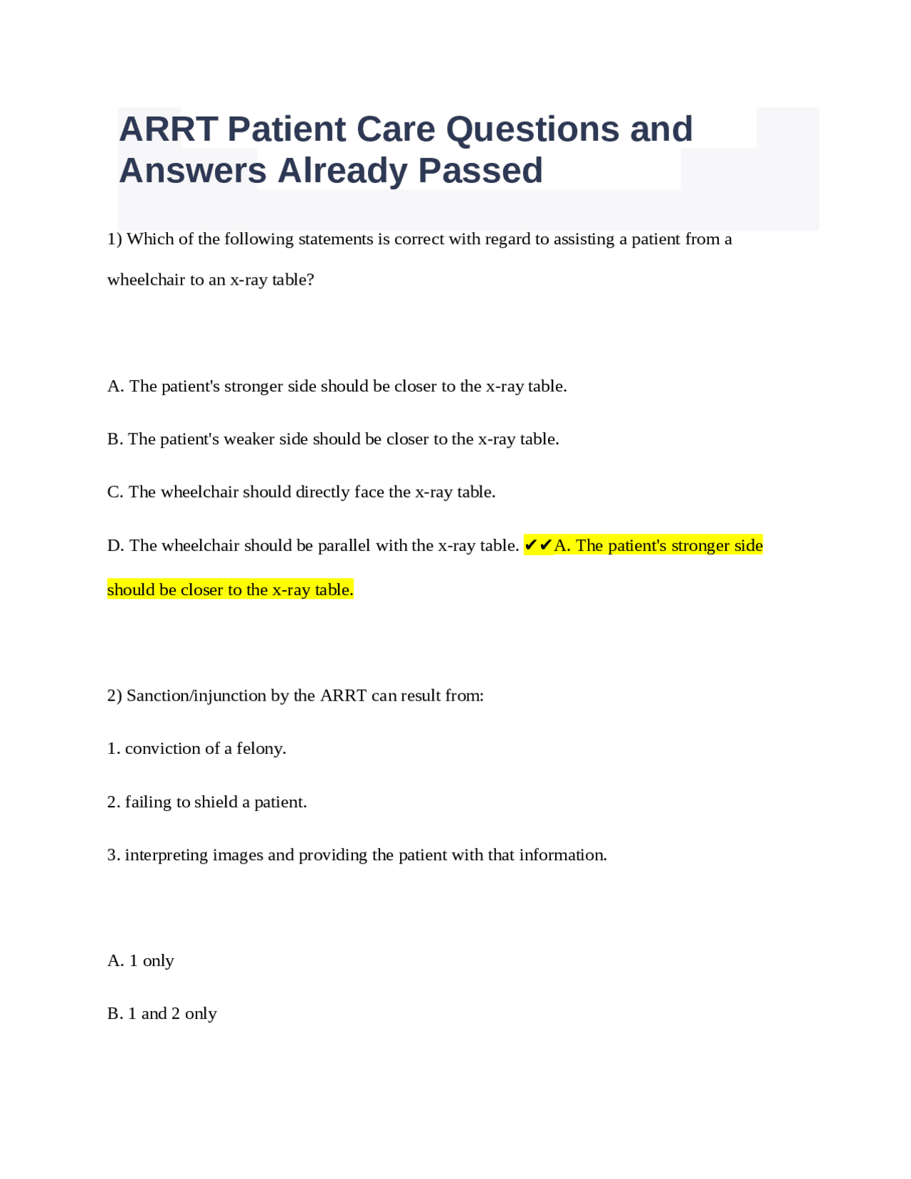 ARRT Patient Care Questions and Answers Already Passed 2023-2024 ...