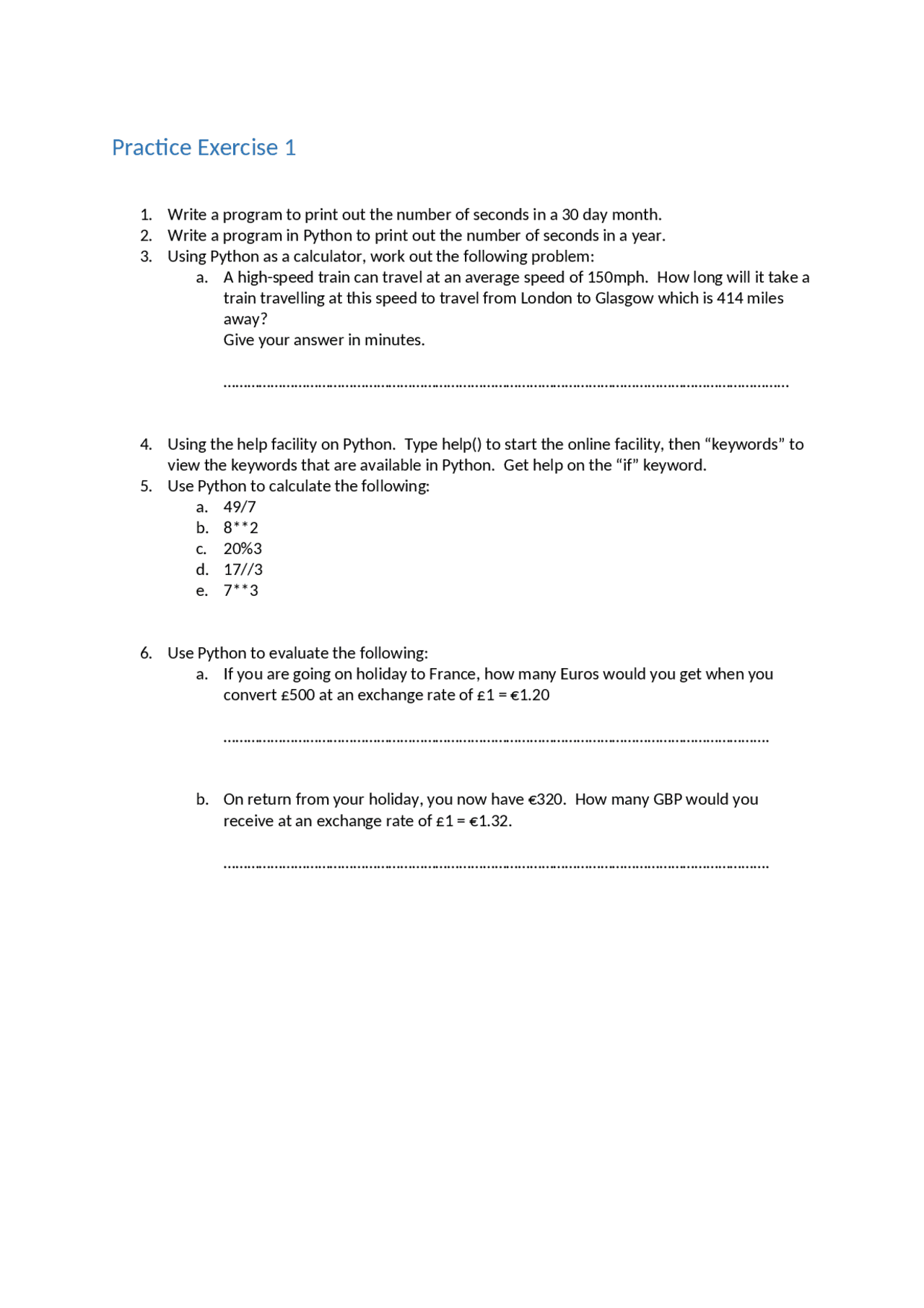 Python Exercises GCSE Computer Science | Exams Computer science | Docsity