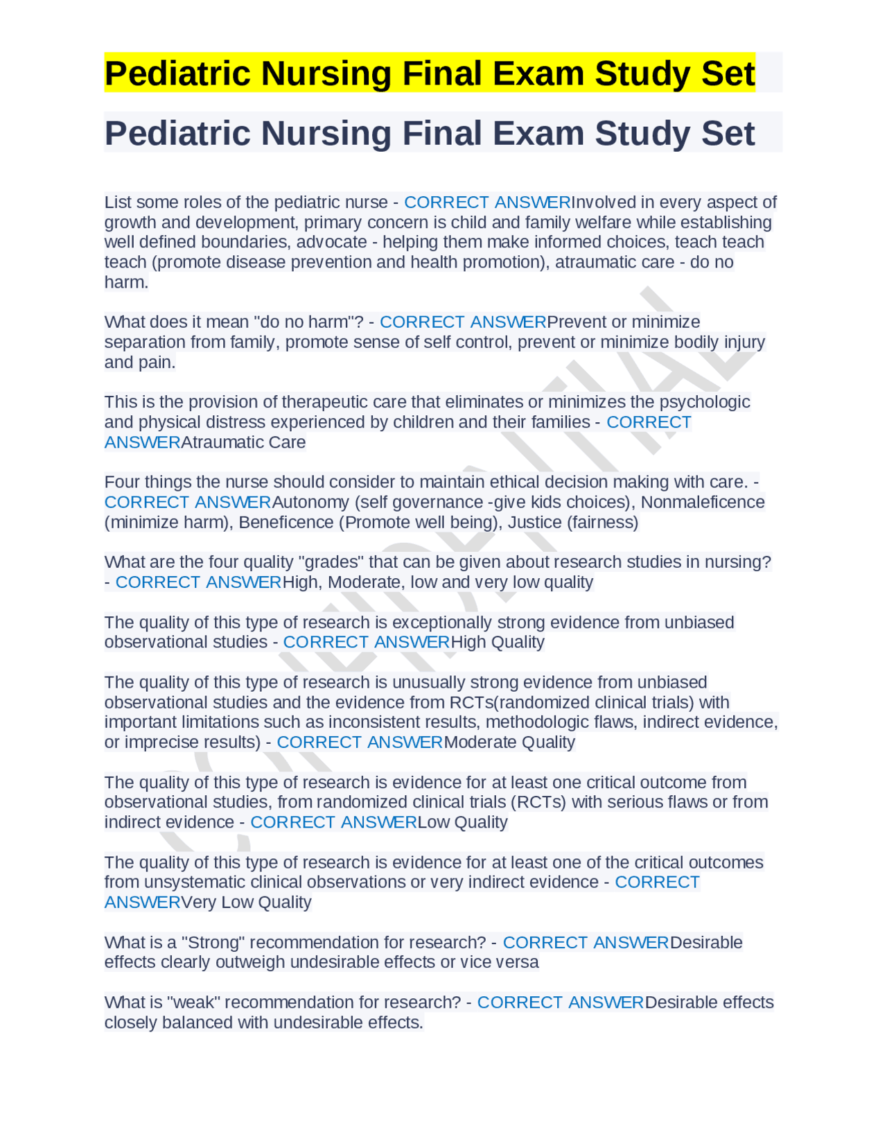 Pediatric Nursing Final Exam Study Set Exams Nursing Docsity