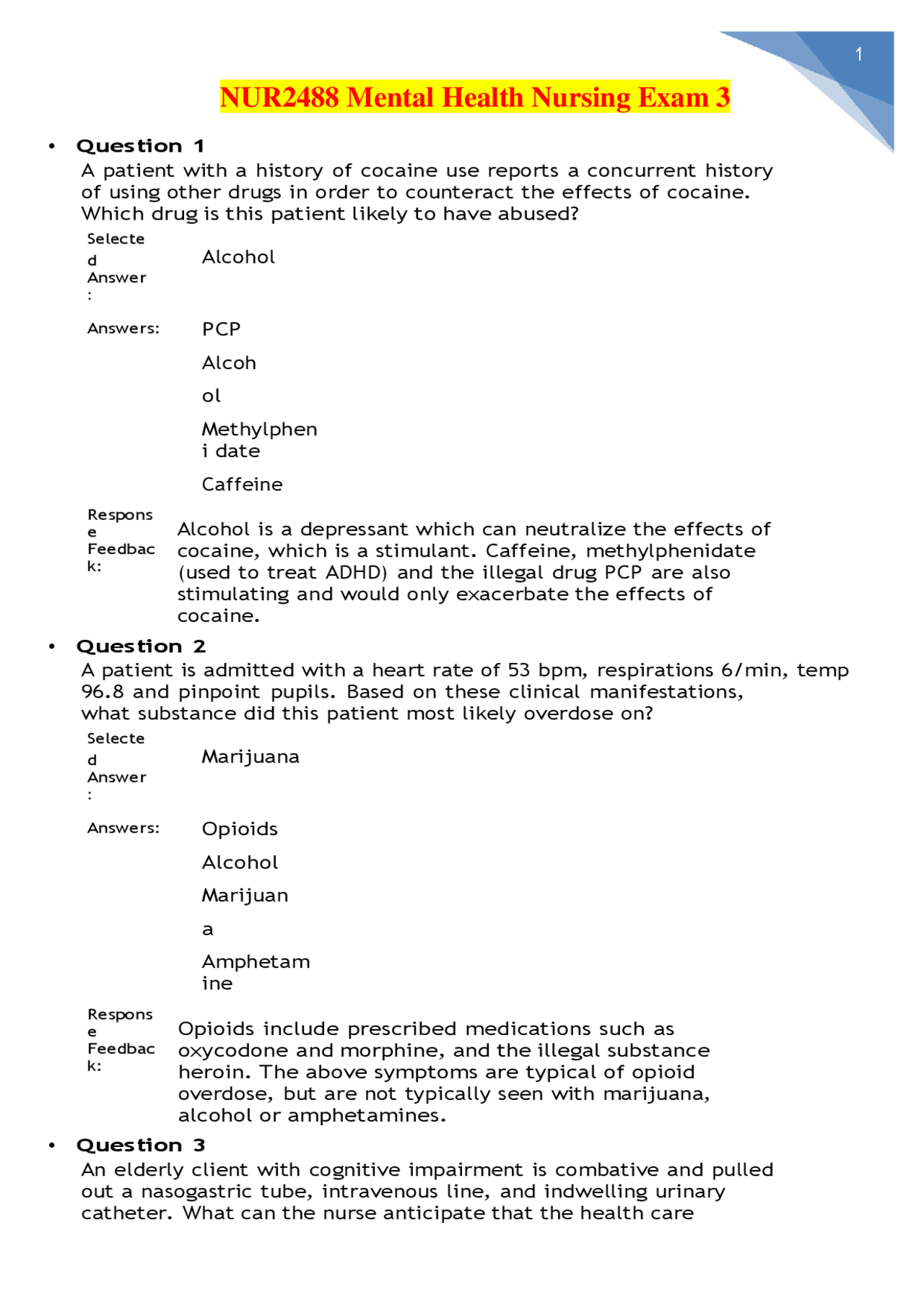 NUR 2488 Mental Health Nursing Exam 3 Updated Graded A + | Exams ...