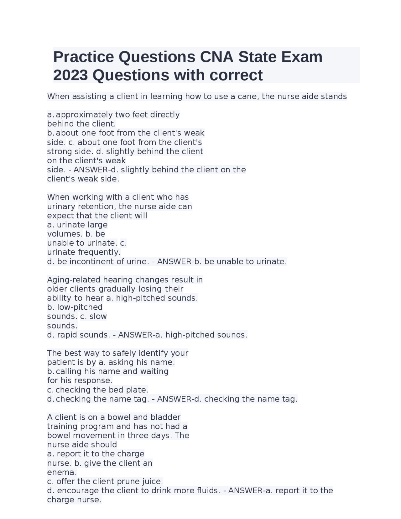 Nursing Practice Questions CNA State Exam 2023 Questions With 100 nursing-practice-questions-cna-state-exam-2023-questions-with-100