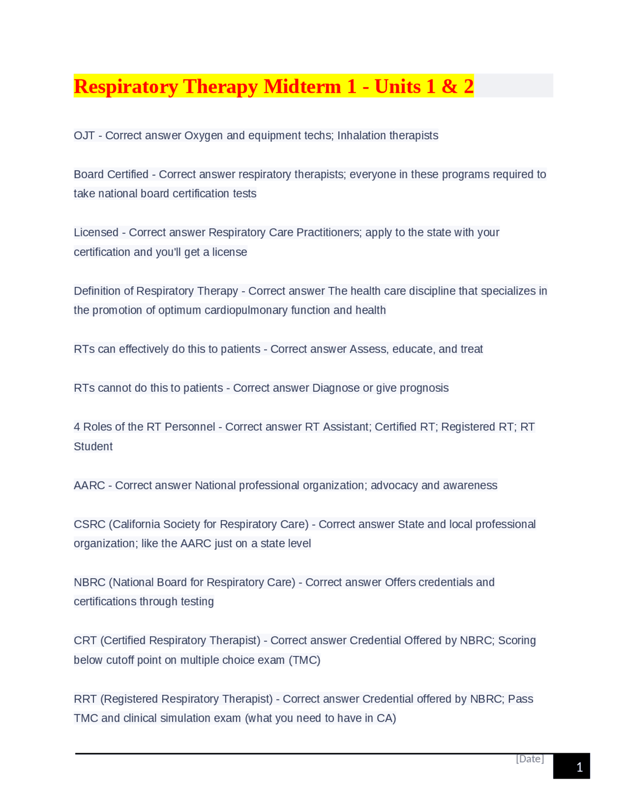 Respiratory Therapy Midterm 1 Units 1 & 2 Exams Occupational