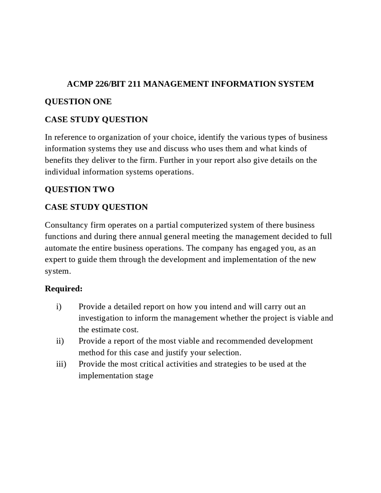 Management information System | Assignments Information Systems | Docsity