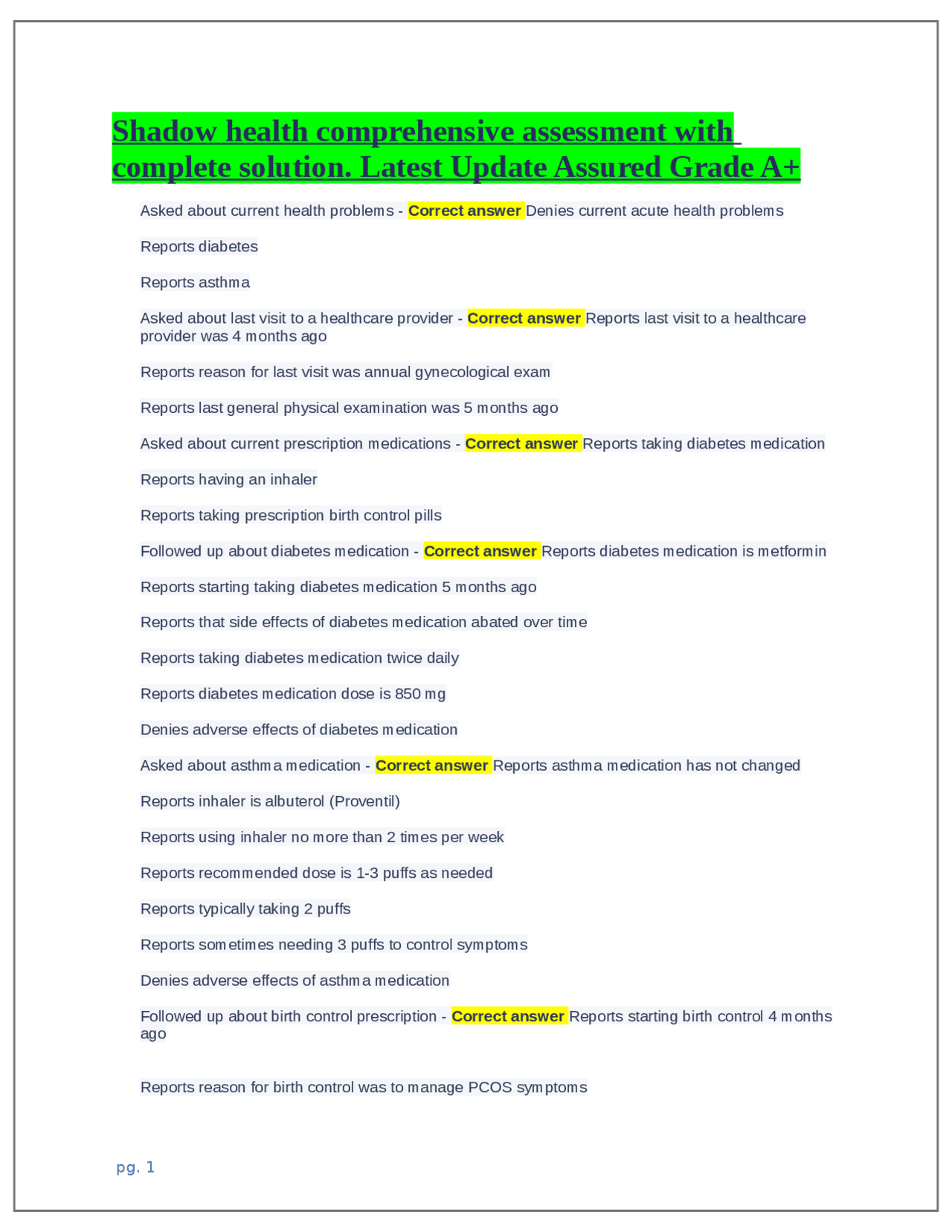 Shadow Health Comprehensive Assessment With Complete Solution Assured