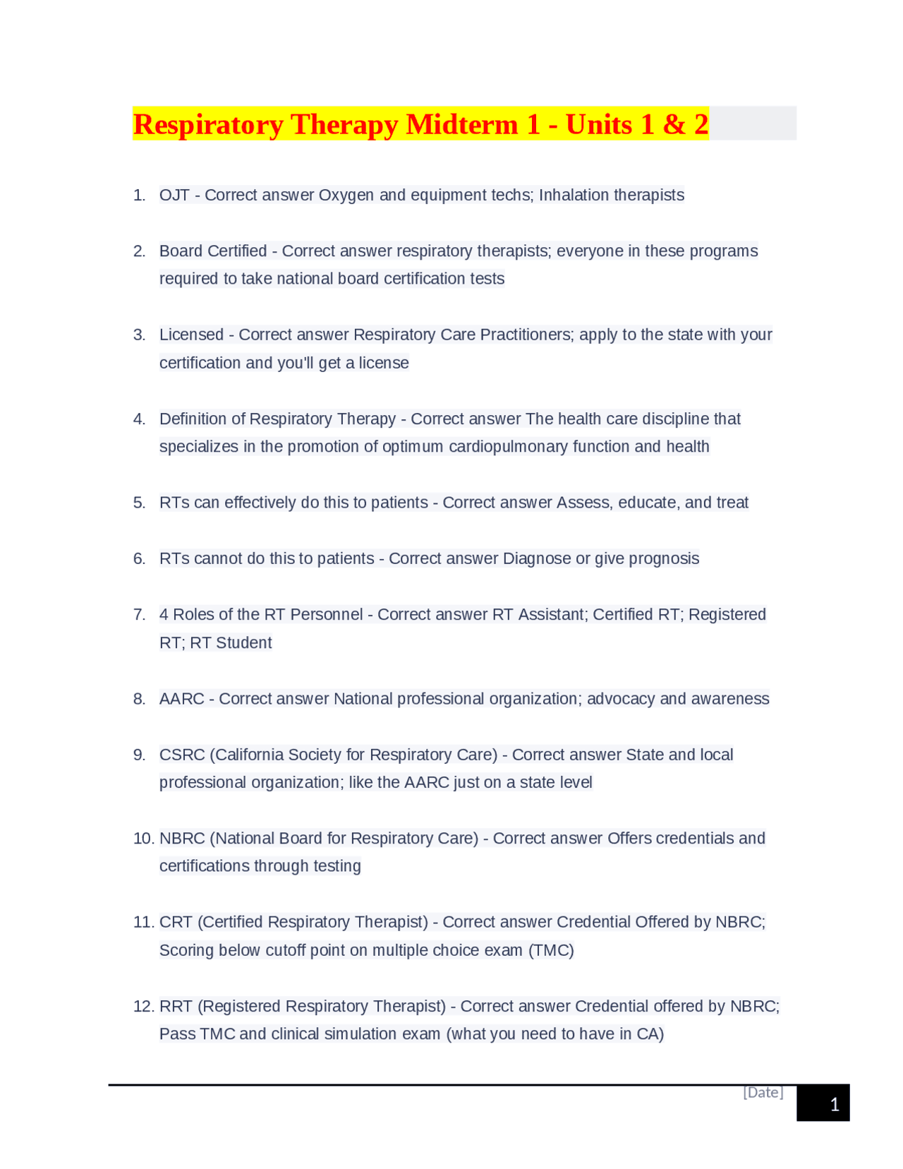 Respiratory Therapy Midterm 1 Units 1 & 2 Exams Occupational