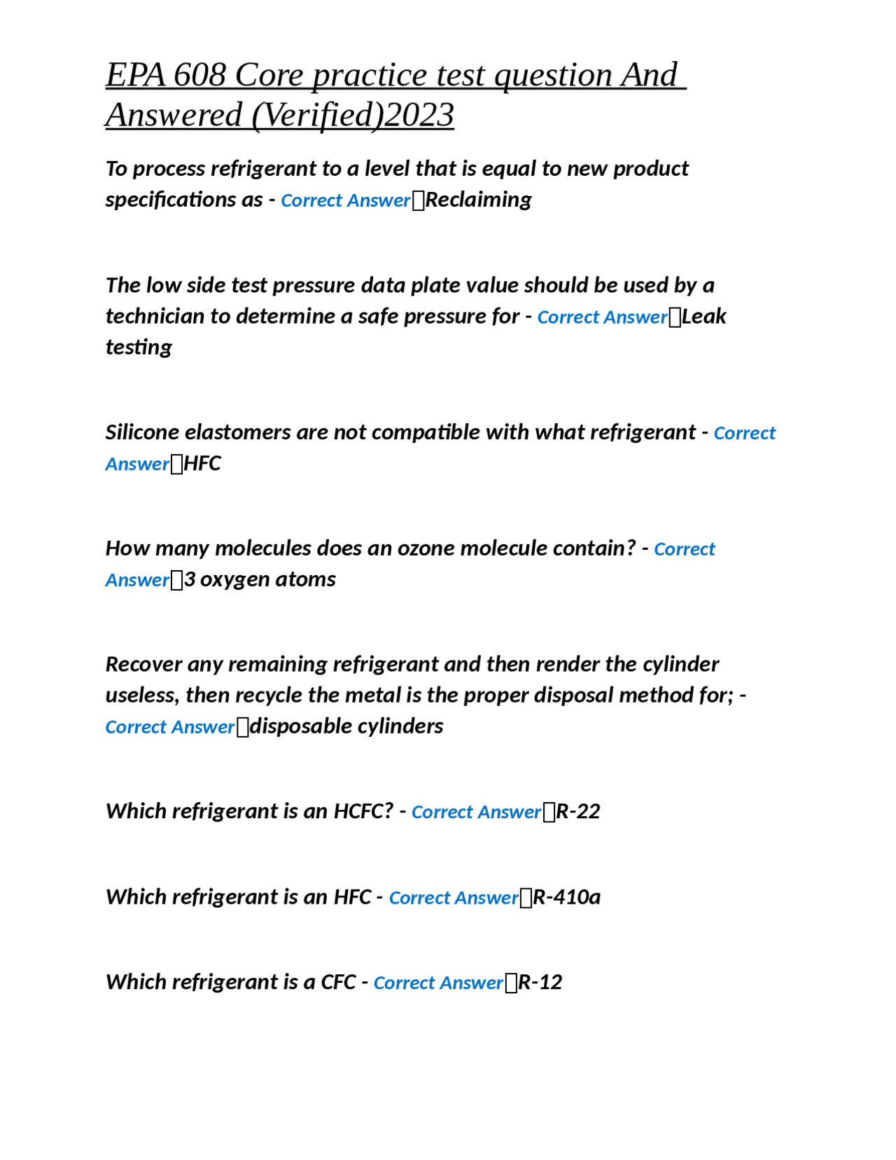 EPA 608 Core practice test question And Answered (Verified¬)2023 ...