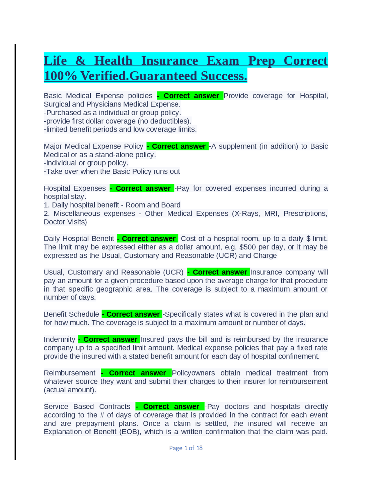 Life & Health Insurance Exam Prep Correct 100% Verified.Guaranteed ...