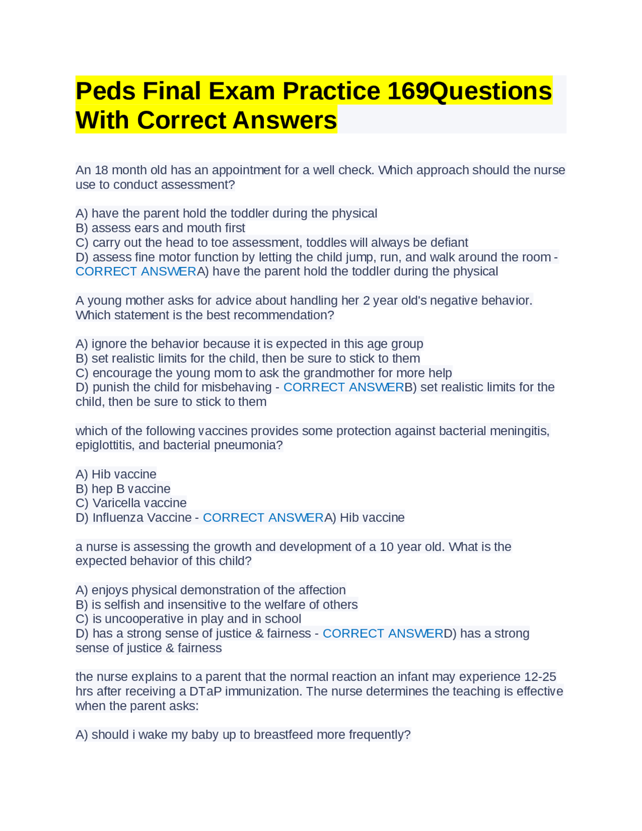 Peds Final Exam Practice 169Questions With Correct Answers Exams