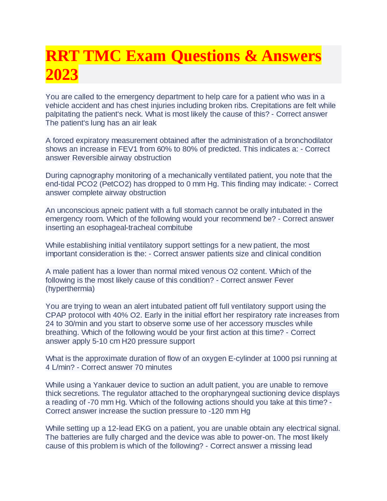 RRT TMC Exam Questions & Answers 2023 | Exams Health sciences | Docsity