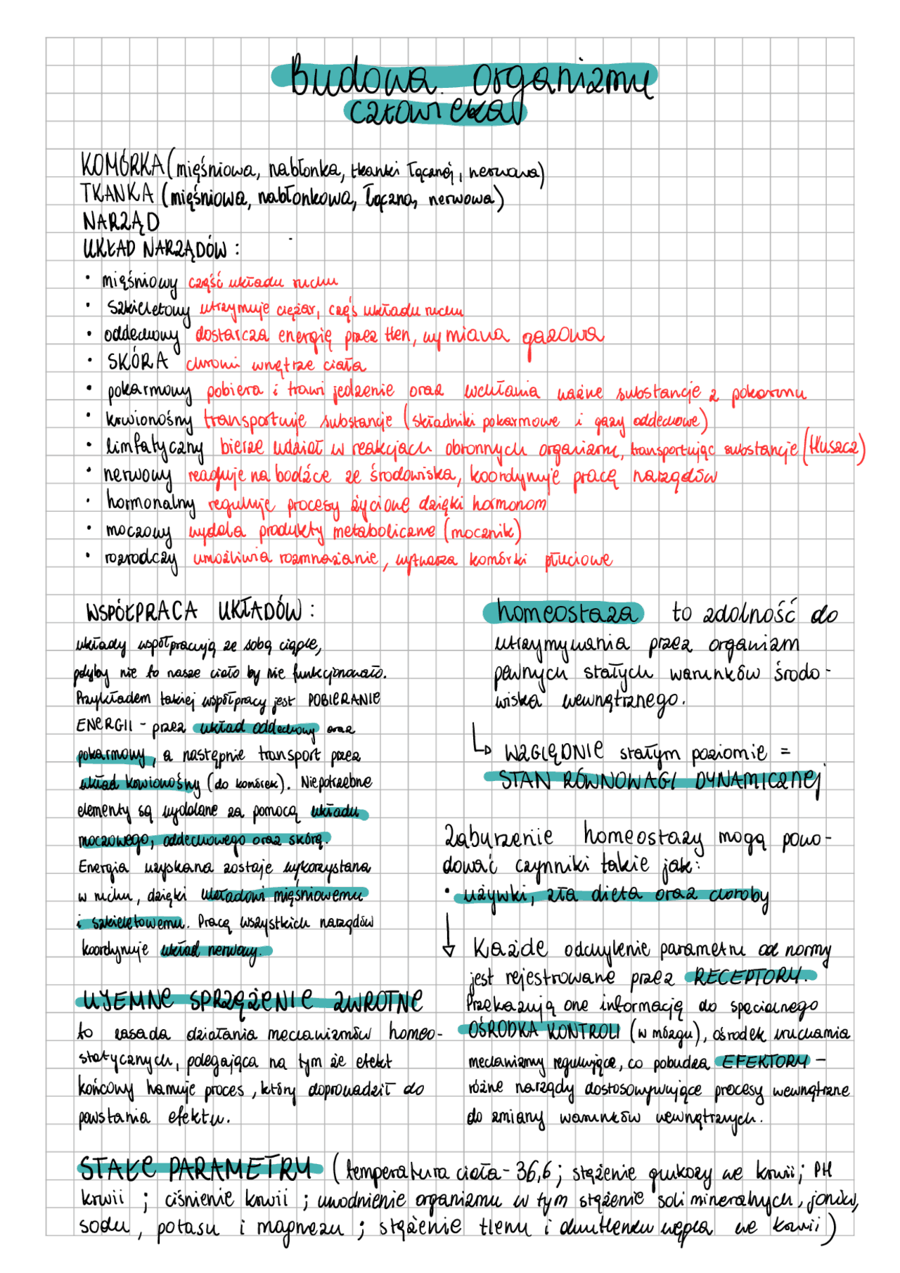 Organizm człowieka: układy i tkanki | Notatki Biologia | Docsity