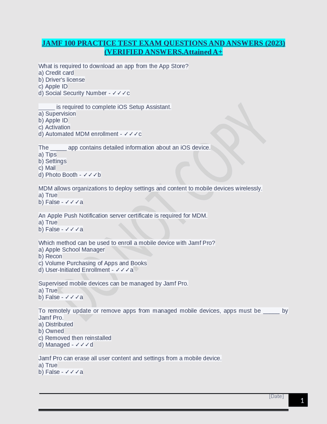 JAMF 100 PRACTICE TEST EXAM QUESTIONS AND ANSWERS (2023) (VERIFIED ANSWERS.Attained A+ Exams