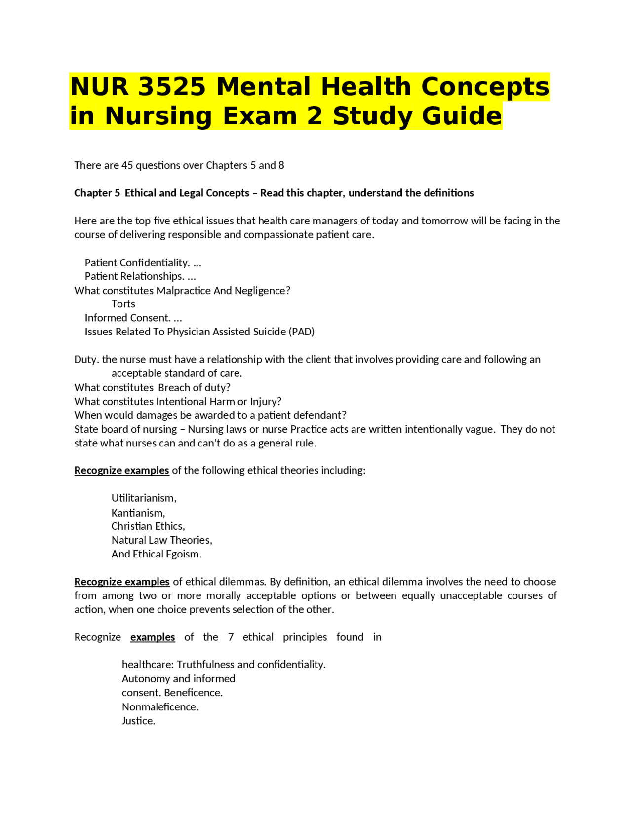 NUR 3525 Mental Health Concepts in Nursing Exam 2 Study Guide | Exams ...