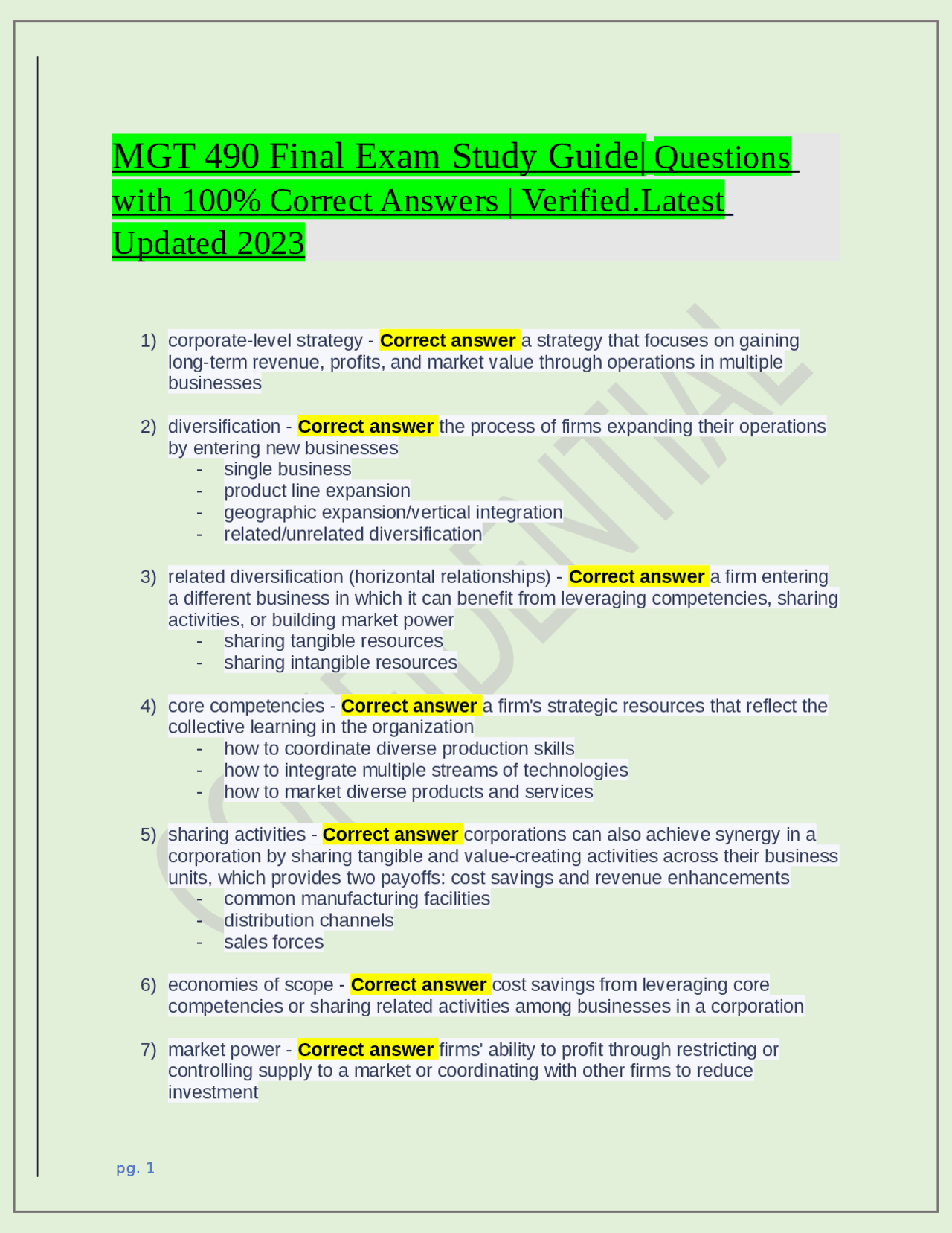 MGT 490 Final Exam Study Guide| Questions with 100% Correct Answers ...