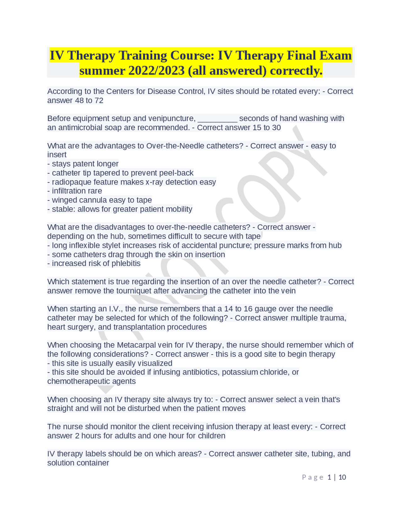 IV Therapy Training Course IV Therapy Final Exam summer 2022/2023 (all