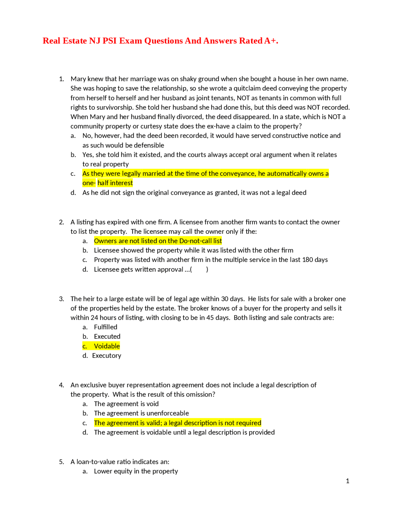 Real Estate NJ PSI Exam Questions And Answers Rated A+. Exams