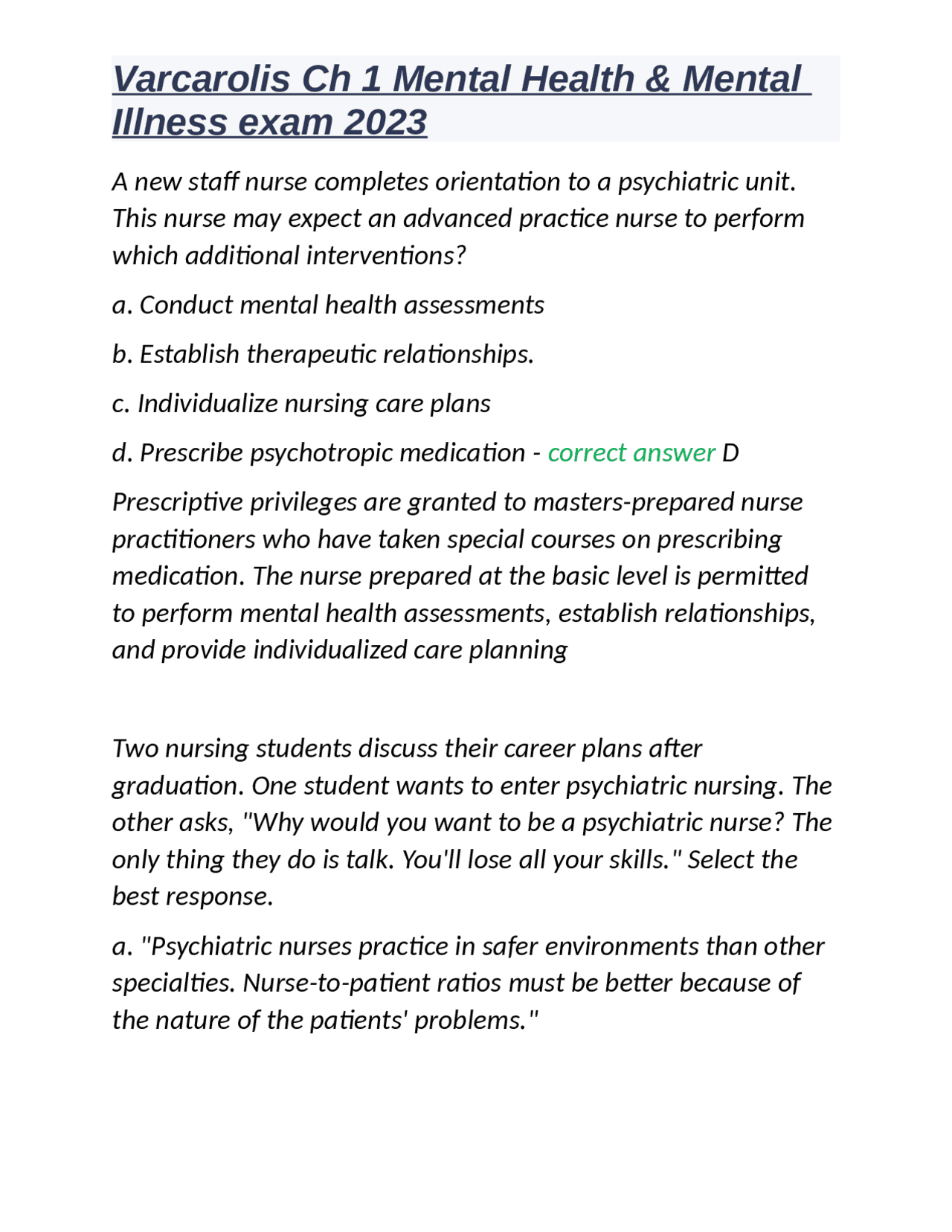 Varcarolis Ch 1 Mental Health & Mental Illness exam 2023 | Exams ...