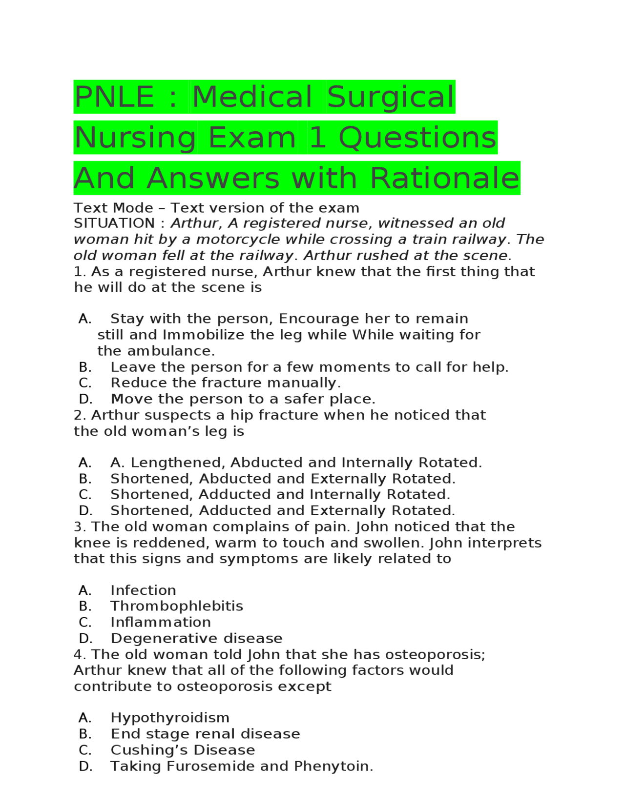 PNLE Medical Surgical Nursing Exam 1 Questions And Answers with
