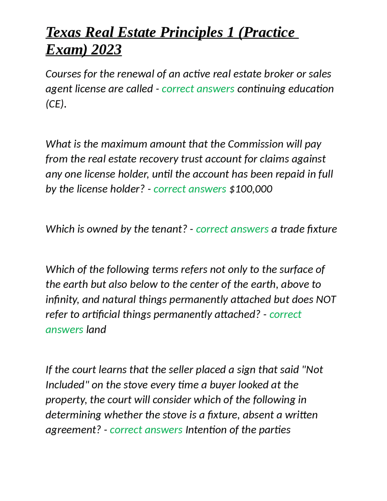 Texas Real Estate Principles 1 (Practice Exam) 2023 Exams Nursing