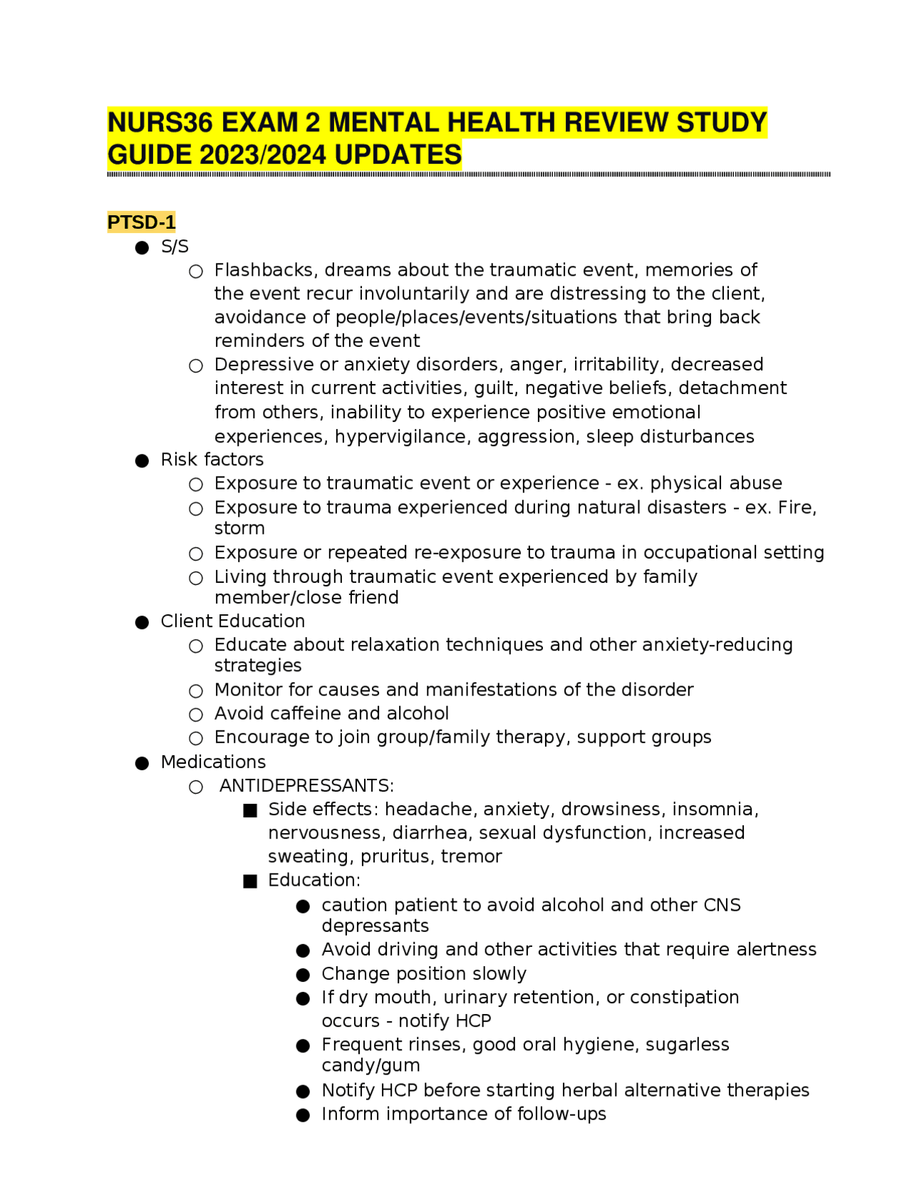 NURS36 EXAM 2 MENTAL HEALTH REVIEW STUDY GUIDE 2023/2024 UPDATES ...
