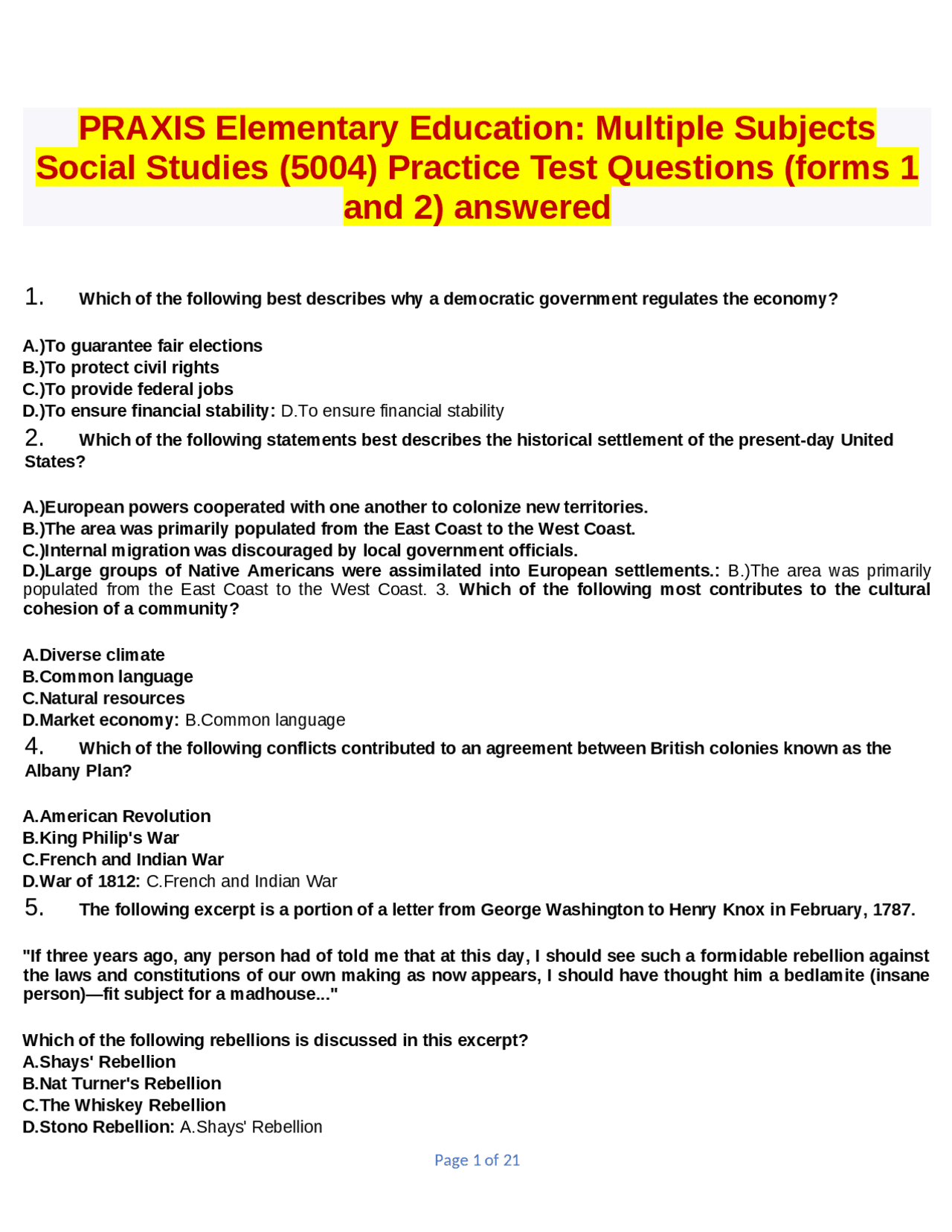 PRAXIS Elementary Education: Multiple Subjects Social Studies (5004 ...