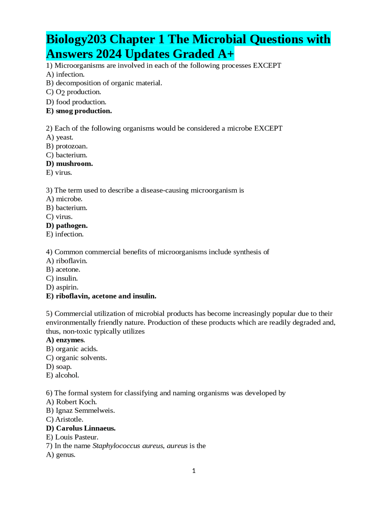 Biology203 Chapter 1 The Microbial Questions with Answers 2024 Updates ...