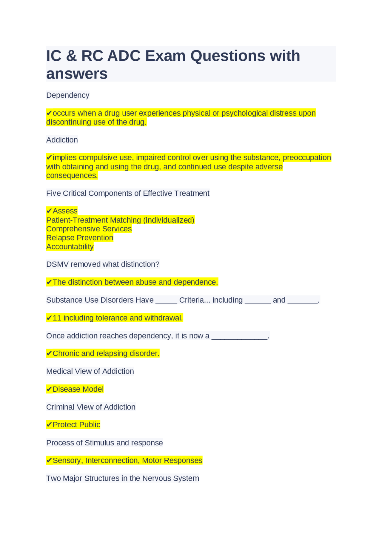 IC & RC ADC Exam Questions with answers | Exams Nursing | Docsity