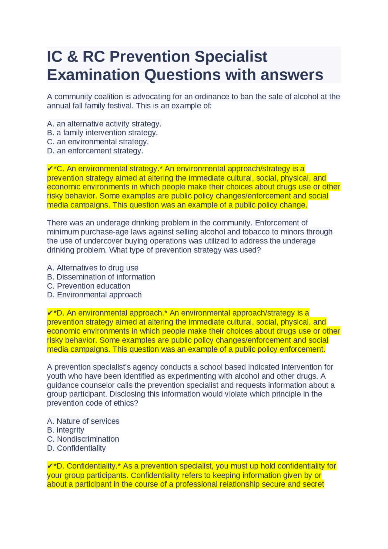 IC & RC Prevention Specialist Examination Questions with answers ...
