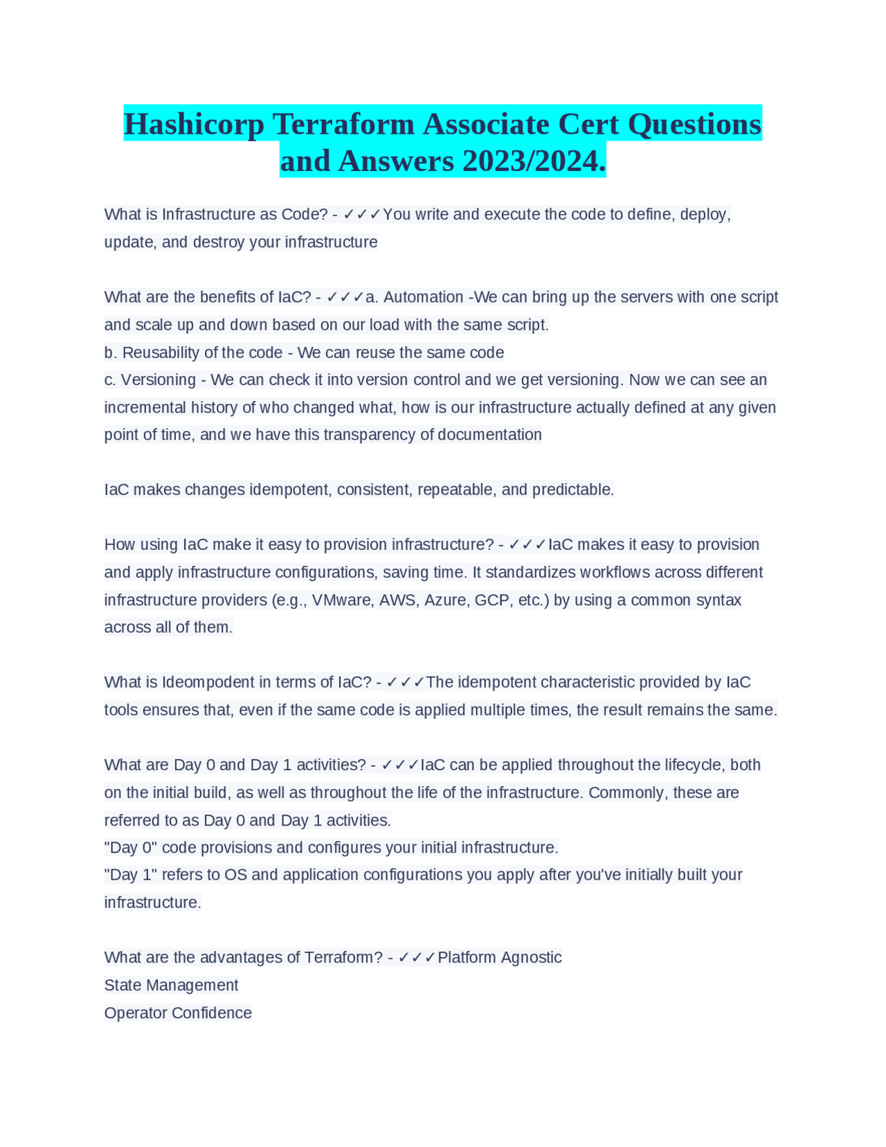 Hashicorp Terraform Associate Cert Questions and Answers 2023/2024 ...