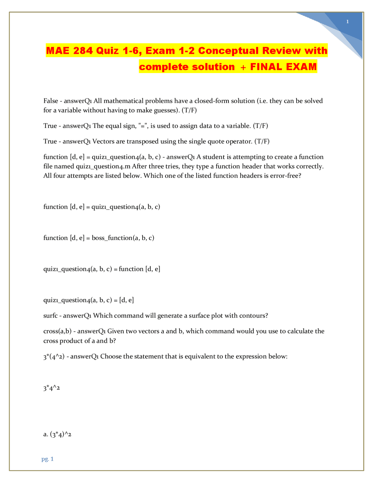 Mae Math MAE 284 Quiz and Exam Review | Exams Mathematics | Docsity
