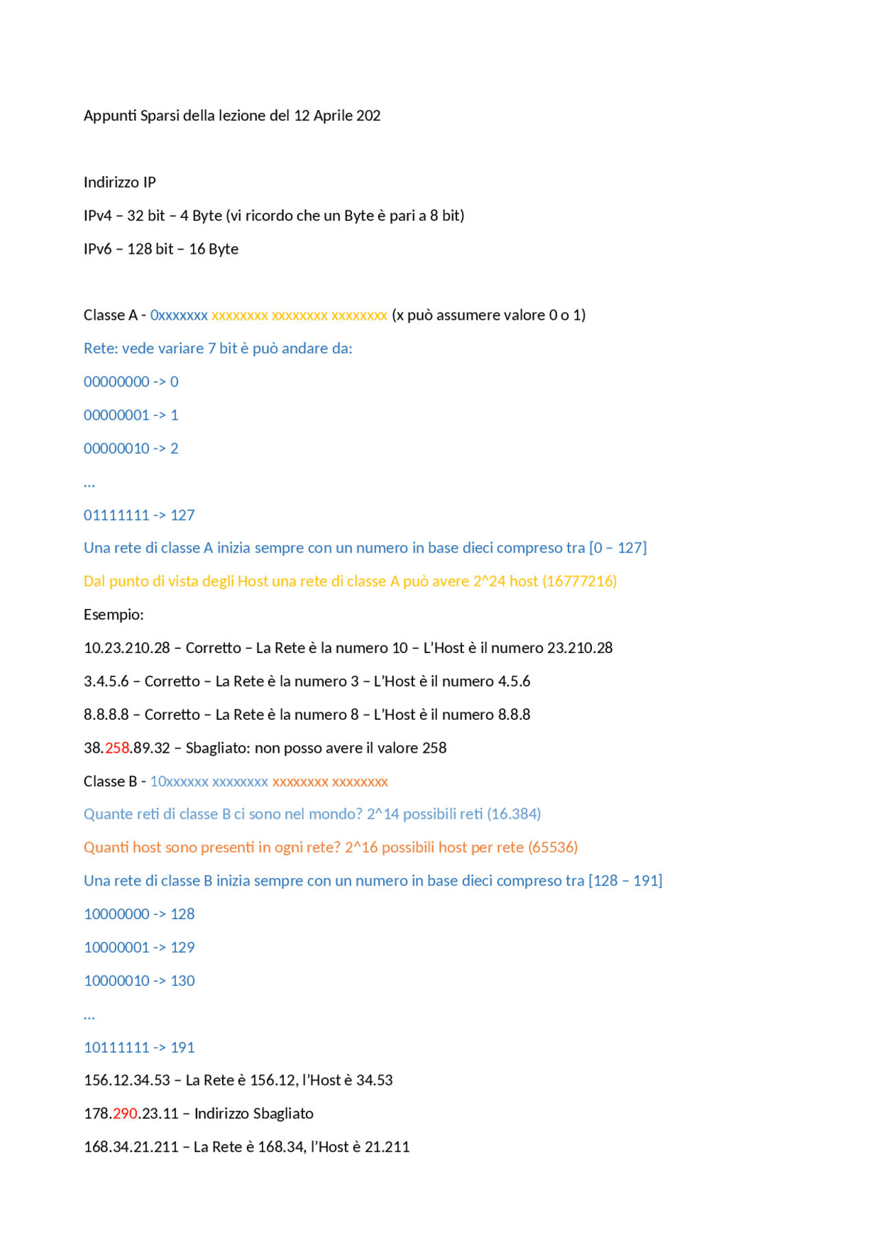 Codici Informatica Indirizzo IP: codici | Appunti di Informatica | Docsity