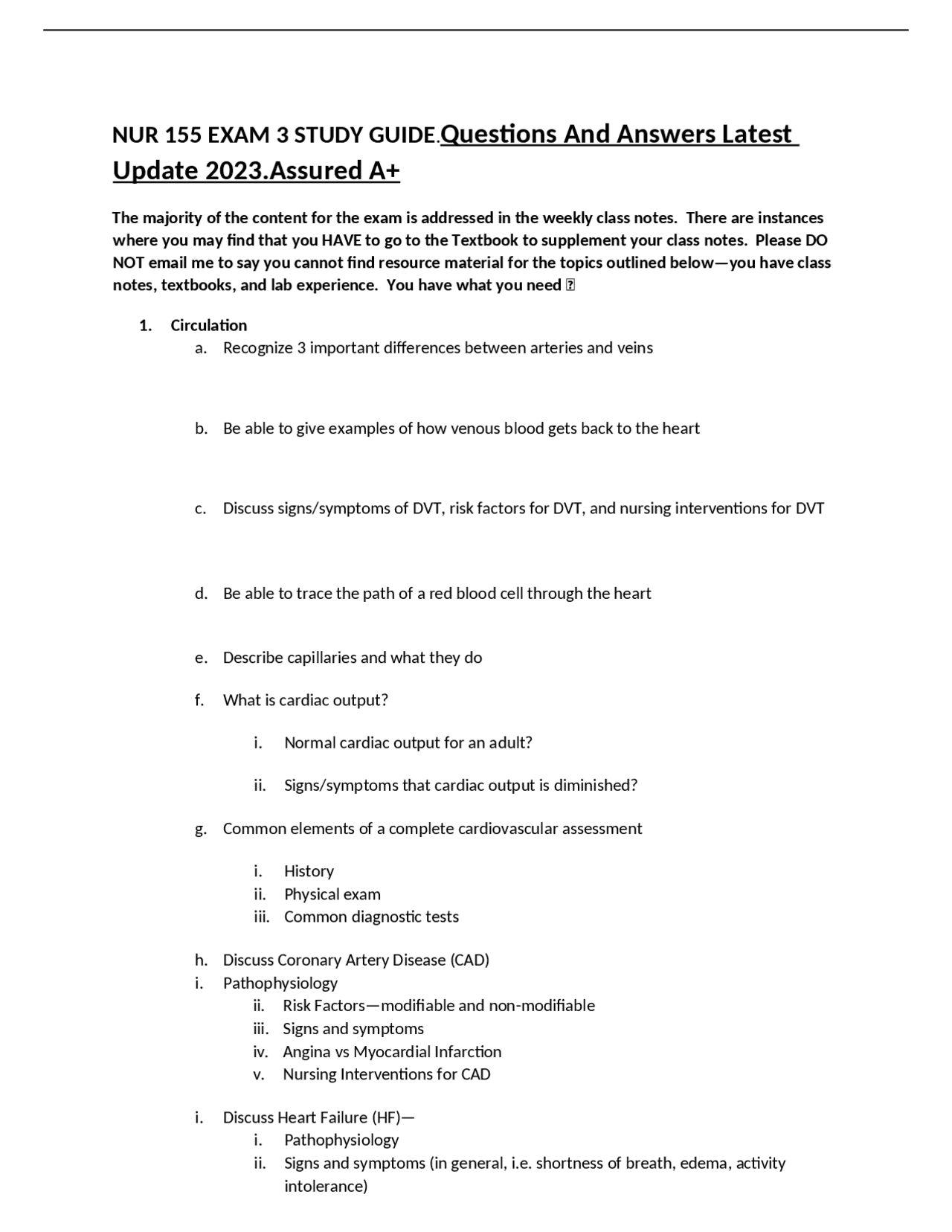 NUR 155 Exam 3 Study Guide | Exams Nursing | Docsity