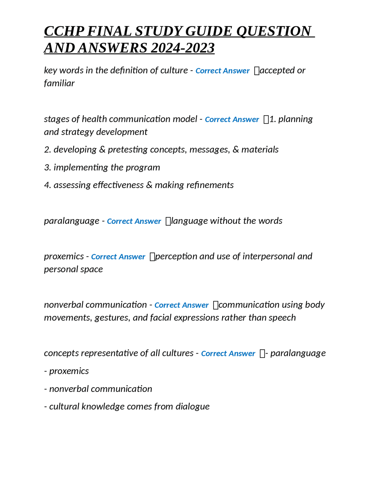 CCHP FINAL STUDY GUIDE QUESTION AND ANSWERS 2024 2023 Exams Nursing CCHP FINAL STUDY GUIDE QUESTION AND ANSWERS 2024 2023 Exams Nursing
