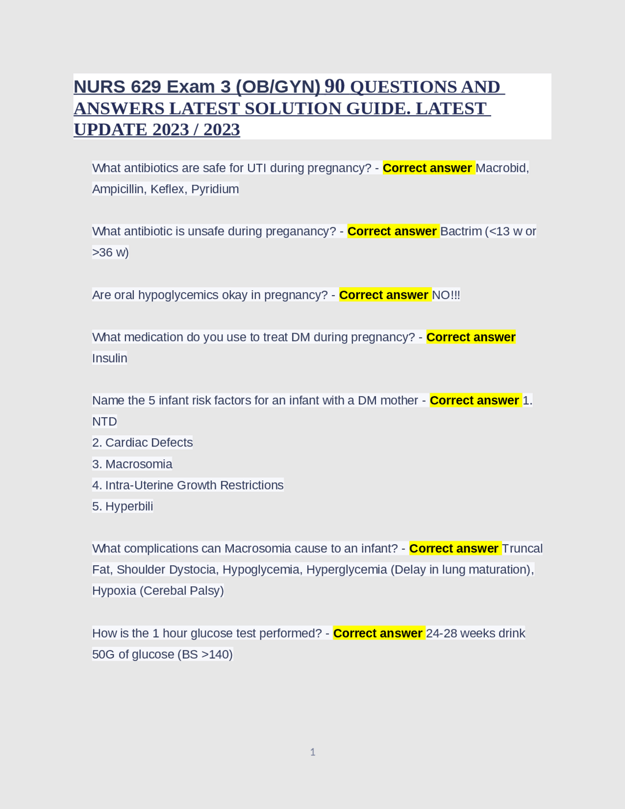 NURS 629 Exam 3 (OB/GYN) 90 QUESTIONS AND ANSWERS LATEST SOLUTION GUIDE