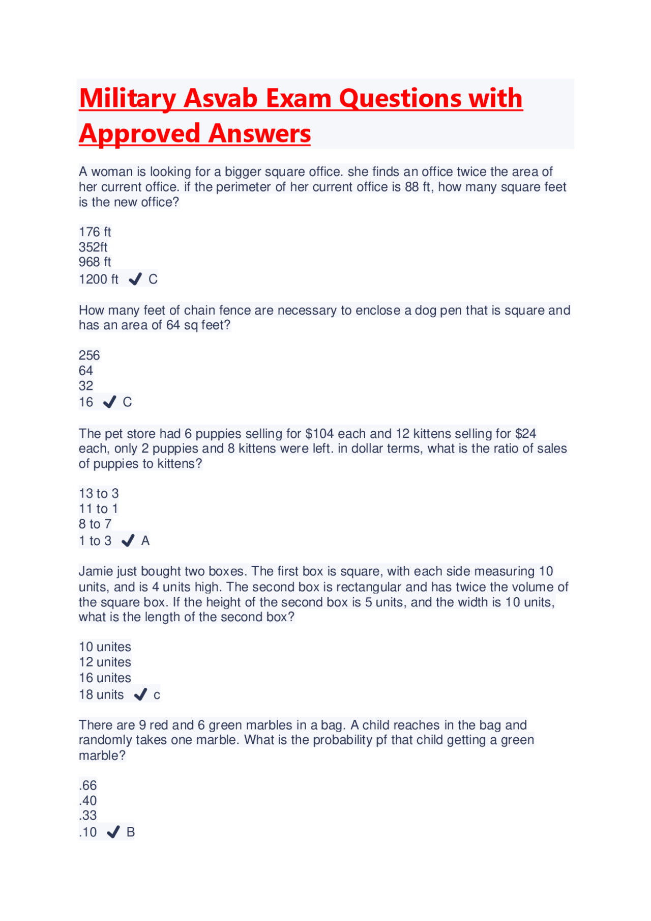 Asvab Questions Military Asvab Exam Questions with Approved Answers | Latest 2023/2024 ...