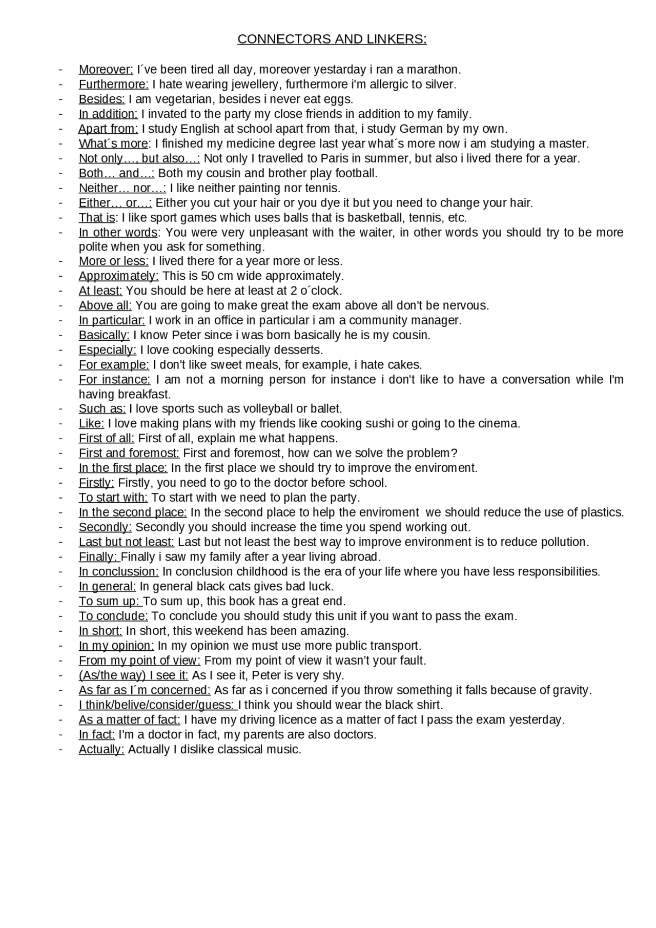 Connectors and linkers | Ejercicios de Inglés | Docsity