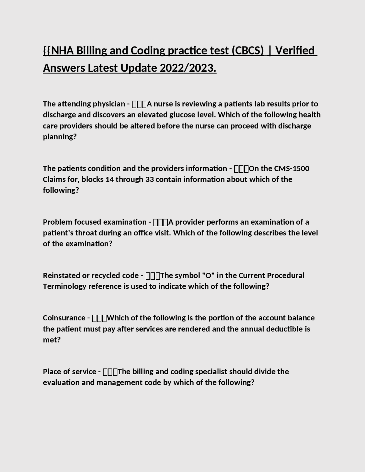 {{NHA Billing and Coding practice test (CBCS) | Verified Answers Latest ...